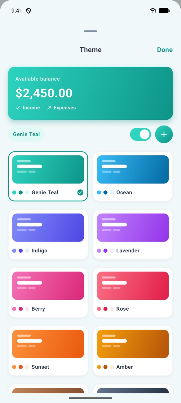 Theme picker with ten colour themes like Genie Teal, Ocean, Indigo and Sunset